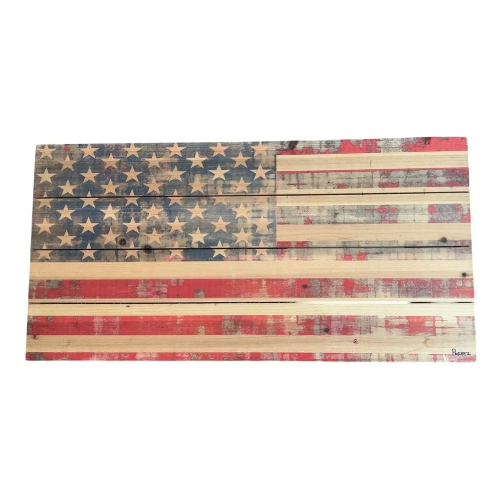 Signed Parvez Taj Wooden U.S. Flag Art Patriotic SZ: 31